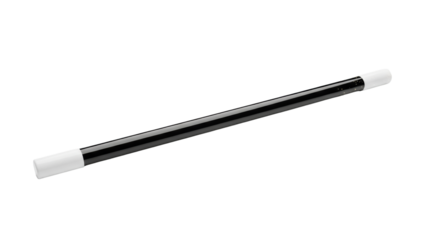 photorealistic macro of a polished black magician's wand with transparent tips, horizontal on a transparent background, subtle magical aura glowing. Concept of illusion and mystery