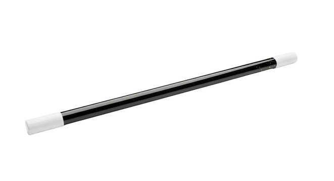 photorealistic macro of a polished black magician's wand with transparent tips, horizontal on a transparent background, subtle magical aura glowing. Concept of illusion and mystery