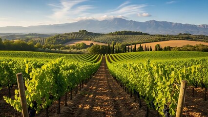 Fototapeta premium Sunlit vineyard rows with ripe grapes lead toward distant blue mountains under a clear sky in a Mediterranean valley.
