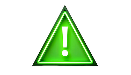 Illuminated hazard symbol. A vibrant green triangle with a glowing outline and central exclamation mark against a dark background, suggesting danger or warning