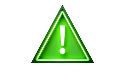 Illuminated hazard symbol. A vibrant green triangle with a glowing outline and central exclamation mark against a dark background, suggesting danger or warning