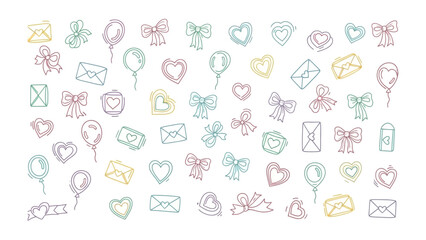 Whimsical Valentine's Day Decorations: A collection of charming hand-drawn illustrations of hearts, bows, balloons, and envelopes, ideal for cards and decorations.