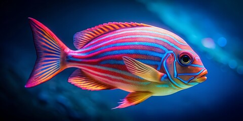 Fototapeta premium Neon striped tropical fish swimming underwater in deep blue ocean setting showcasing vibrant pink red and blue colors aquatic wildlife photo
