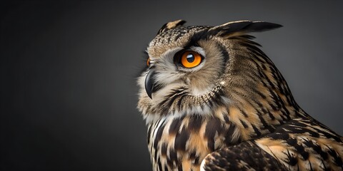 Fototapeta premium Striking portrait of large eurasian eagle owl profile showing piercing orange eyes and impressive feather tufts against dark background