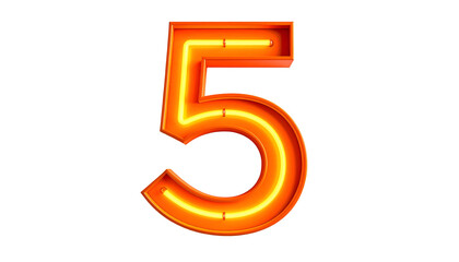 Illuminated orange digital number '5' isolated on black background, neon light effect. Perfect for counting, design
