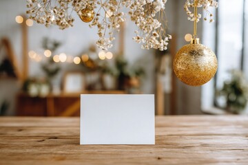 The card is empty, but the ornament and the table create a festive atmosphere