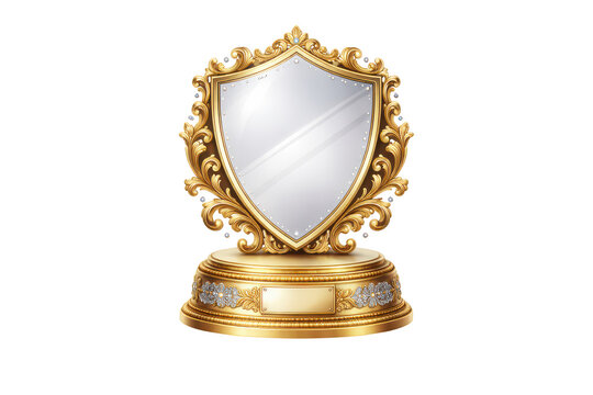 Ornate gold shield trophy award, blank silver plaque center, standing on round pedestal, baroque decorative frame, luxury achievement symbol isolated on transparent background  
