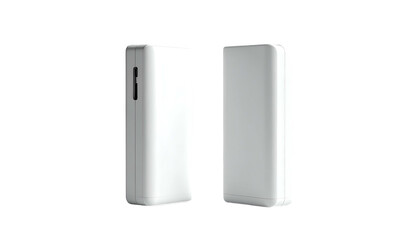 Rendered image of two rectangular, white, handheld electronic devices, angled, with rounded corners and slight detailing