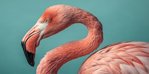 Pink flamingo profile close up shot with curved neck and black tipped beak against turquoise background shows elegant water bird