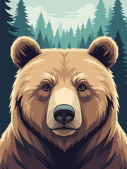 Modern vector illustration of close up bear face with forest background, calm flat style wildlife portrait, ideal for nature and outdoor themes