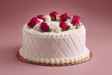 A white cake with pink and white roses on top