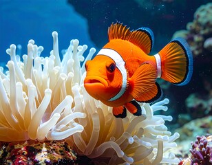 Close-up of a vibrant clownfish with orange body and white stripes near a cluster of white sea anemones