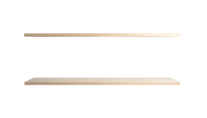 Two minimalistic shelves, one rounded and one with an angled edge, are displayed in a dark, empty space