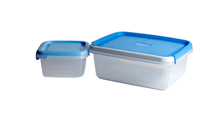 Two rectangular containers, one smaller, next to a larger version. Both have blue lids with secure latches, designed for food storage