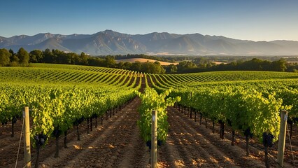 Fototapeta premium Sunlit vineyard rows with ripe grapes lead toward distant blue mountains under a clear sky in a Mediterranean valley.