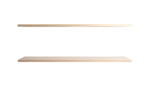 Two minimalistic shelves, one rounded and one with an angled edge, are displayed in a dark, empty space
