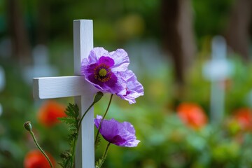 A white cross is holding a purple flower