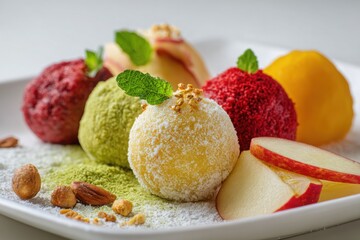 A plate of assorted desserts, including ice cream, fruit, and nuts
