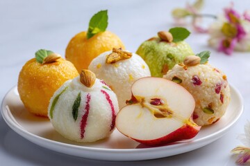 A plate of assorted desserts, including a sliced apple