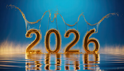 Golden &ldquo;2026&rdquo; numbers emerging from a calm reflective water surface with dripping water, soft ripples, cinematic lighting, deep blue gradient background, and elegant festive atmosphere.