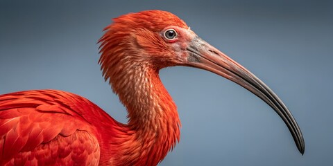Close-up profile of scarlet ibis bird showing its bright red plumage distinctive curved beak and alert eye