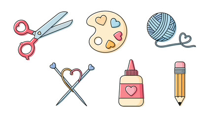 Creative Crafting Essentials: A charming collection of crafting tools, showcasing scissors, paint palette, yarn ball, knitting needle, glue bottle, and pencil.