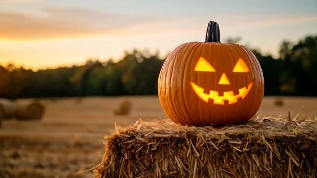A carved pumpkin with a glowing face sits on a bale of hay during sunset.