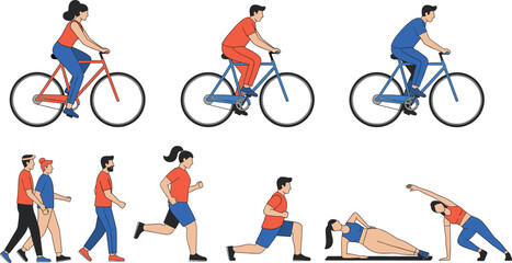 Naklejka premium Active lifestyle vector illustration set with people cycling, running, walking, and exercising outdoors, healthy fitness activities and sport routines for wellness design