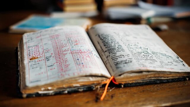 Turning Pages of Old Handwritten Ledger on Rustic Wooden Desk with Vintage Books in Soft Daylight