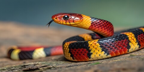 Obraz premium Milk snake with striking red yellow black bands on a rustic wooden surface showcasing vibrant colors