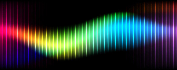 Futuristic ribbed texture with fractal glass effect and smooth fluted vertical lines of rainbow neon gradient