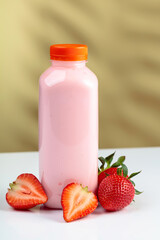 Strawberry milkshake smoothie in eco disposable jar and fresh berries.