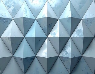 Close-up of a repeating geometric design, featuring light-blue and gray triangular facets with subtle textural variations and highlights