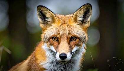 Close-up of a fox's face, focused on its bright eyes, with a blurred natural background. The creature is looking directly at the viewer