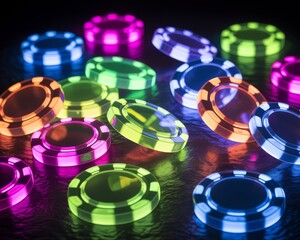 Colorful poker chips in various neon hues on a dark surface