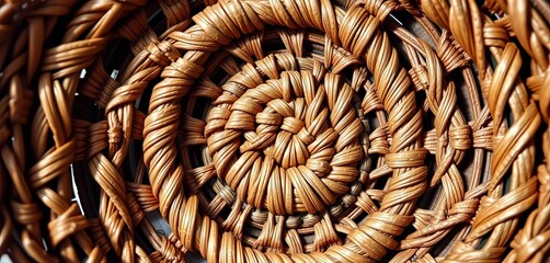 Intricate woven basket, revealing a complex geometric pattern of natural fibers, surface, pattern