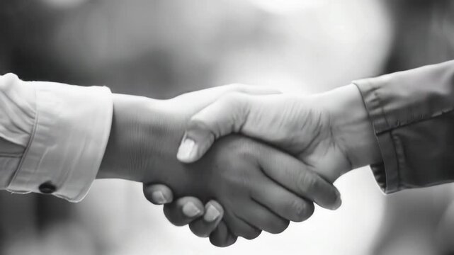 A classic black and white capturing a business or professional handshake between two individuals with blurred background.