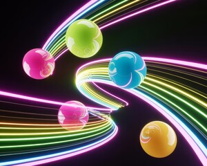 Colorful neon lights and glowing balls in motion on dark background