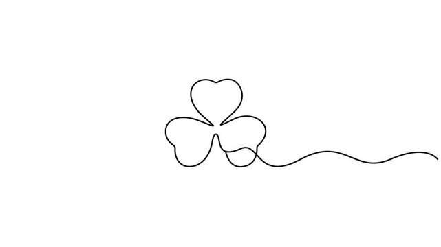 Self animated minimalist, single continuous line drawing of a clover leaf, also known as a shamrock. Patrick's Day and Irish culture. Three leaf clover vector illustration