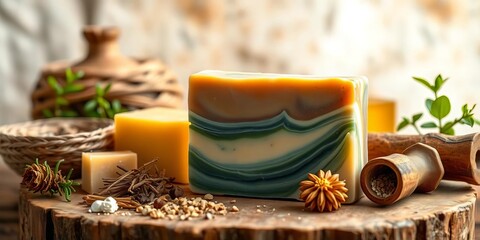 Artisan crafted soap bar, natural ingredients, rustic setting, handmade soap, olive oil soap