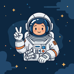 Cartoon astronaut making peace sign in space amidst stars and cosmic dust clusters