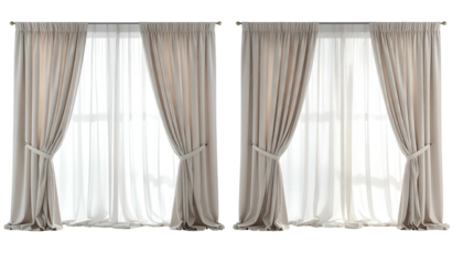 Two windows with sheer and solid curtains tied back, letting light in