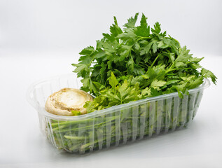 Fresh parsley with celery root closeup on white.