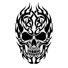 Obraz premium A detailed black and white tribal skull design with intricate flame patterns, creating a fierce and stylized graphic illustration.