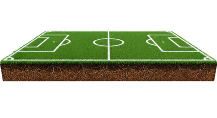 Isometric soccer field with detailed markings and grass texture isolated on transparent background