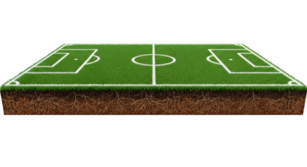 Isometric soccer field with detailed markings and grass texture isolated on transparent background