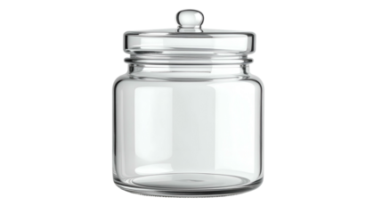 A transparent, empty jar with a rounded lid, rendered against a black background. The glass is glossy and reflects light, showcasing its shape