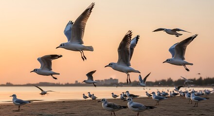 Seagulls soaring gracefully over the beach at sunset, a beautiful sight.