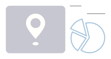 Minimalist design with a location pin next to a segmented pie chart. Ideal for navigation, data analysis, statistics, marketing, geolocation, business strategy, and user insights. Clean flat metaphor