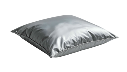 Shiny, silver square pillow with subtle shadows, isolated on black background